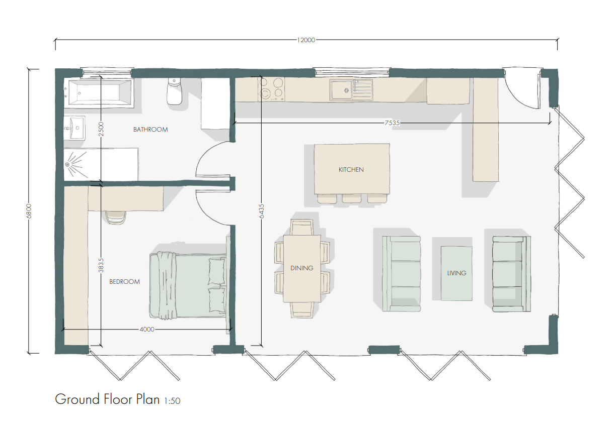 large one bedroom garden annexe floor plan