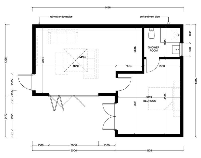 ground plan for l-shaped garden annexe london