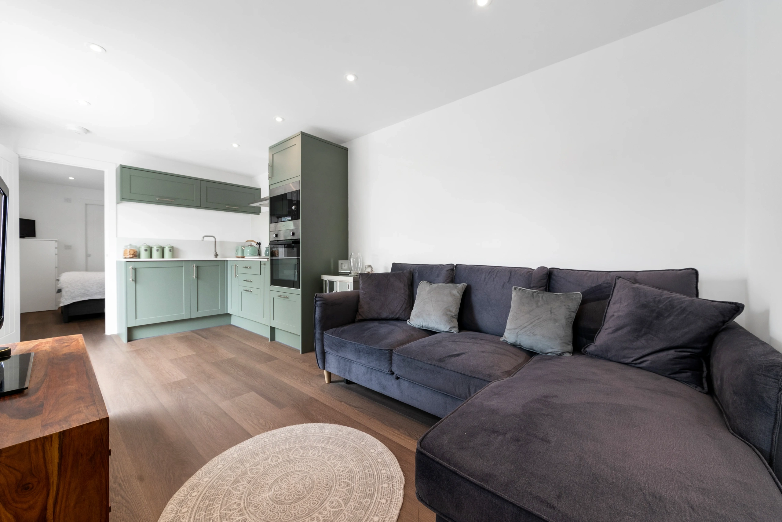 Open-plan kitchen and lounge inside a bespoke garden annexe in Upminster Essex