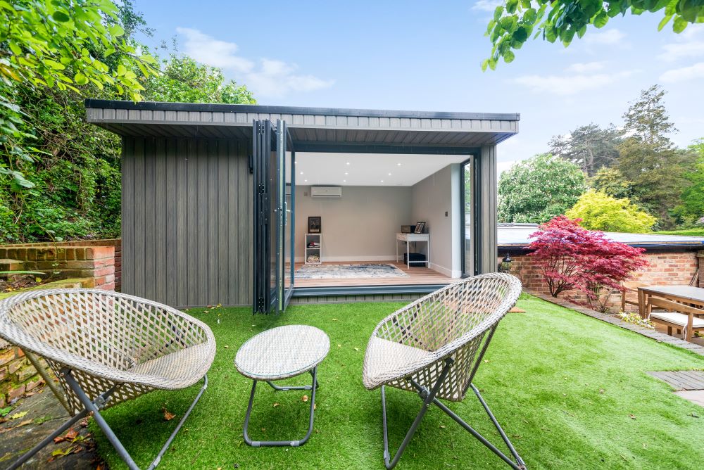 Grey composite cladded garden annexe